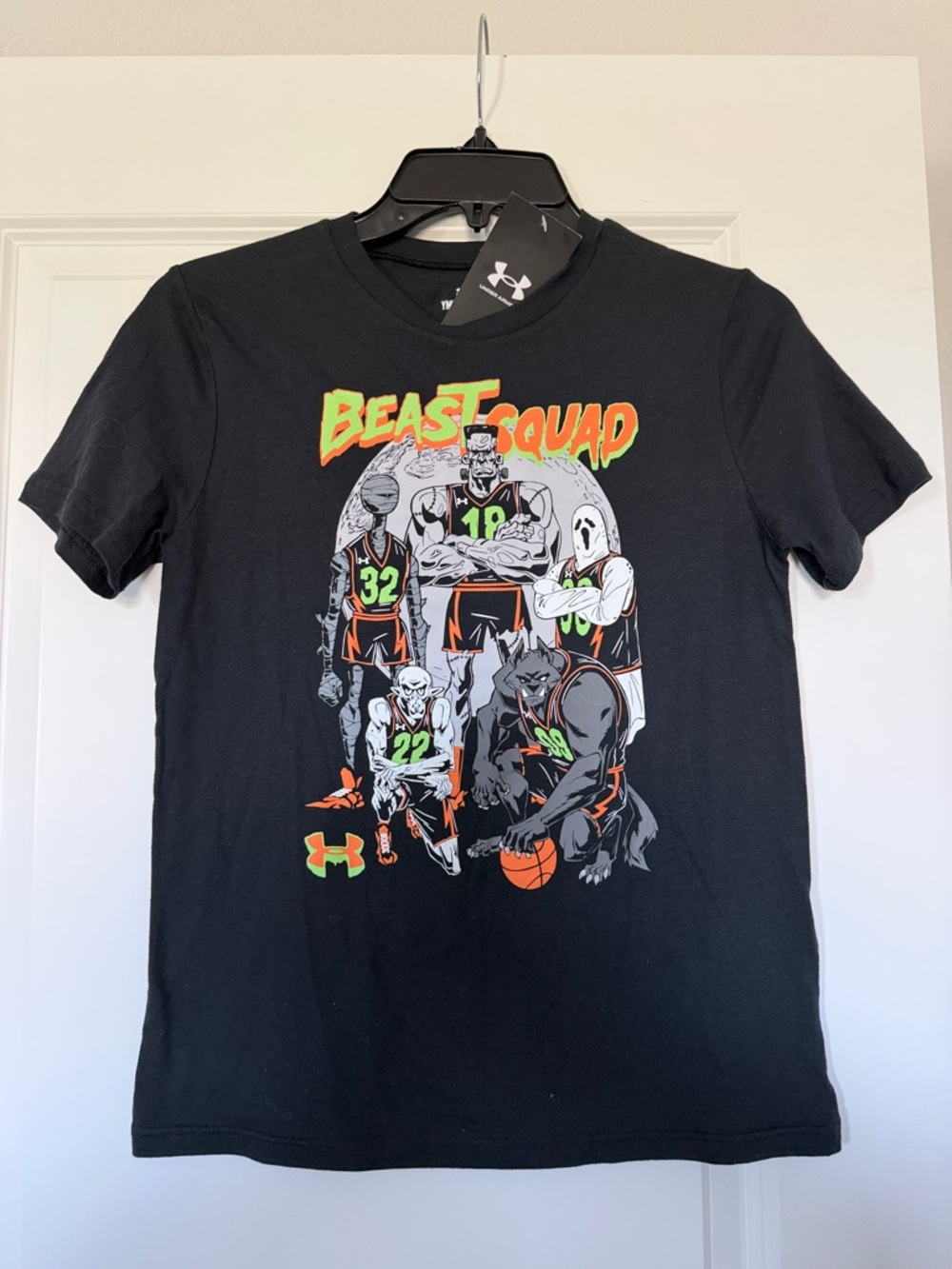 NWT Youth Under Armour Black Tee with Neon Orange & Green 'Beast Squad' Graphic